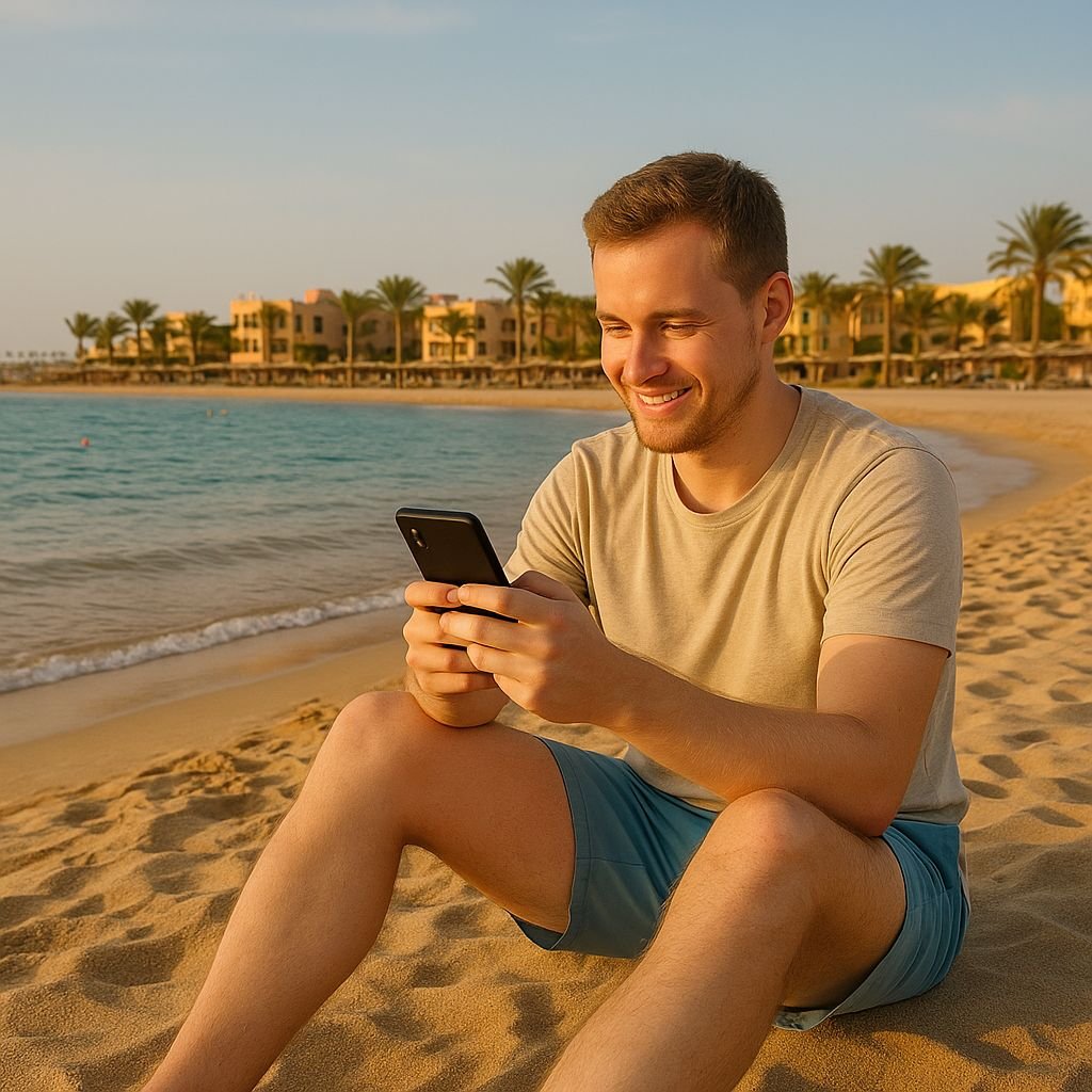 Młody mężczyzna o europejskim wyglądzie siedzi na plaży nad Morzem Czerwonym i korzysta ze smartfona podczas popołudniowego wypoczynku.