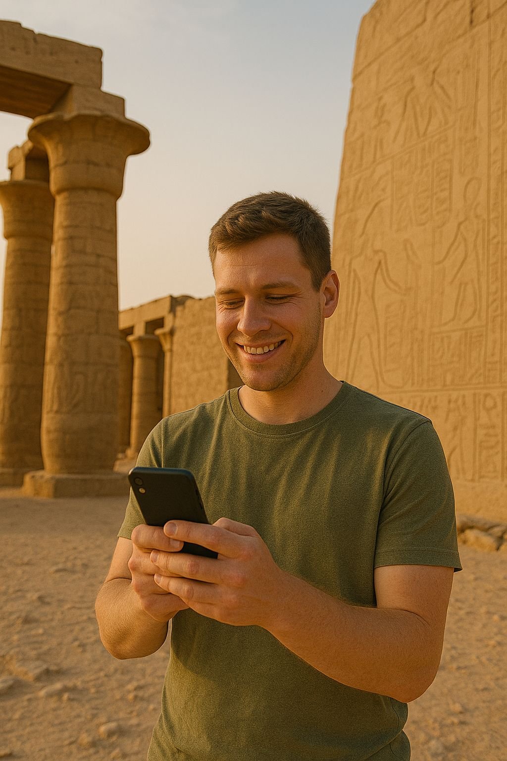 Młody turysta korzysta ze smartfona przed kolumnami świątyni w Karnaku w ciepłym świetle zachodzącego słońca.