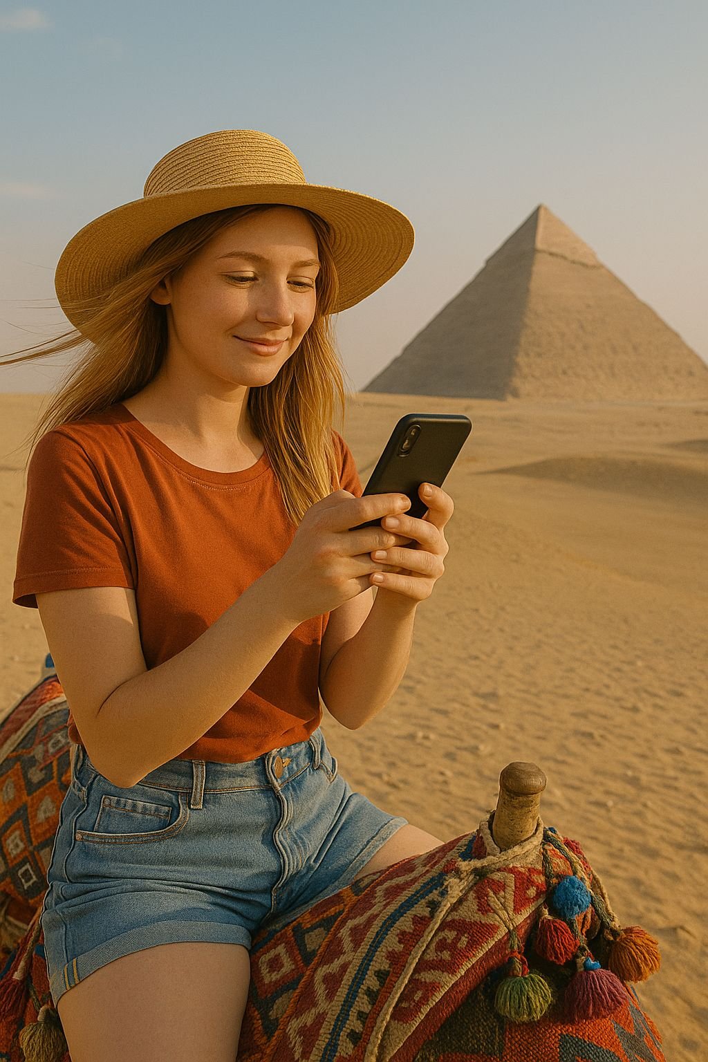 Młoda turystka o europejskim wyglądzie używa smartfona na tle monumentalnych posągów Abu Simbel na egipskiej pustyni.